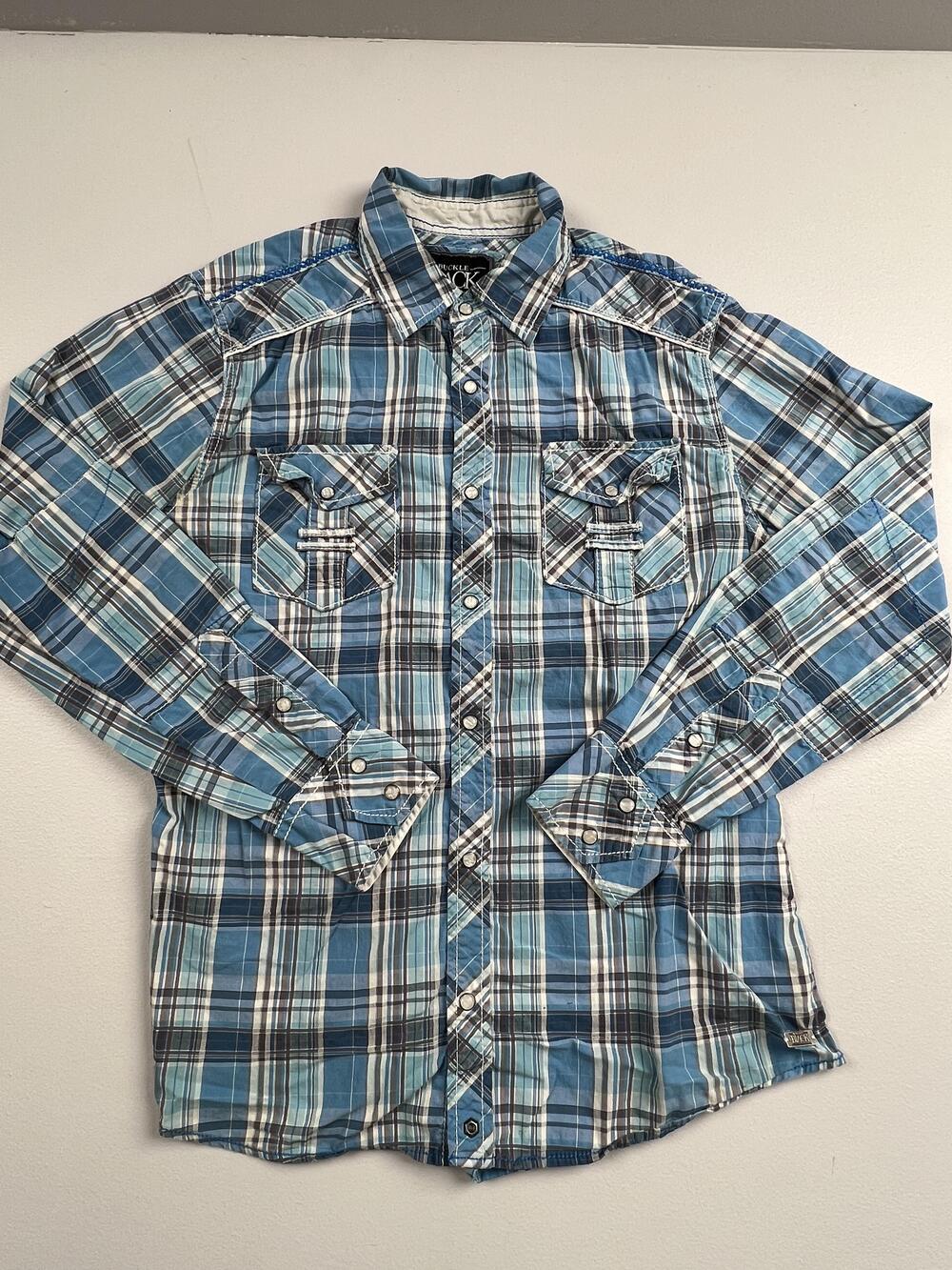Buckle Black Shirt Mens Medium Blue Plaid Western Snap Button Long Sleeve Casual
